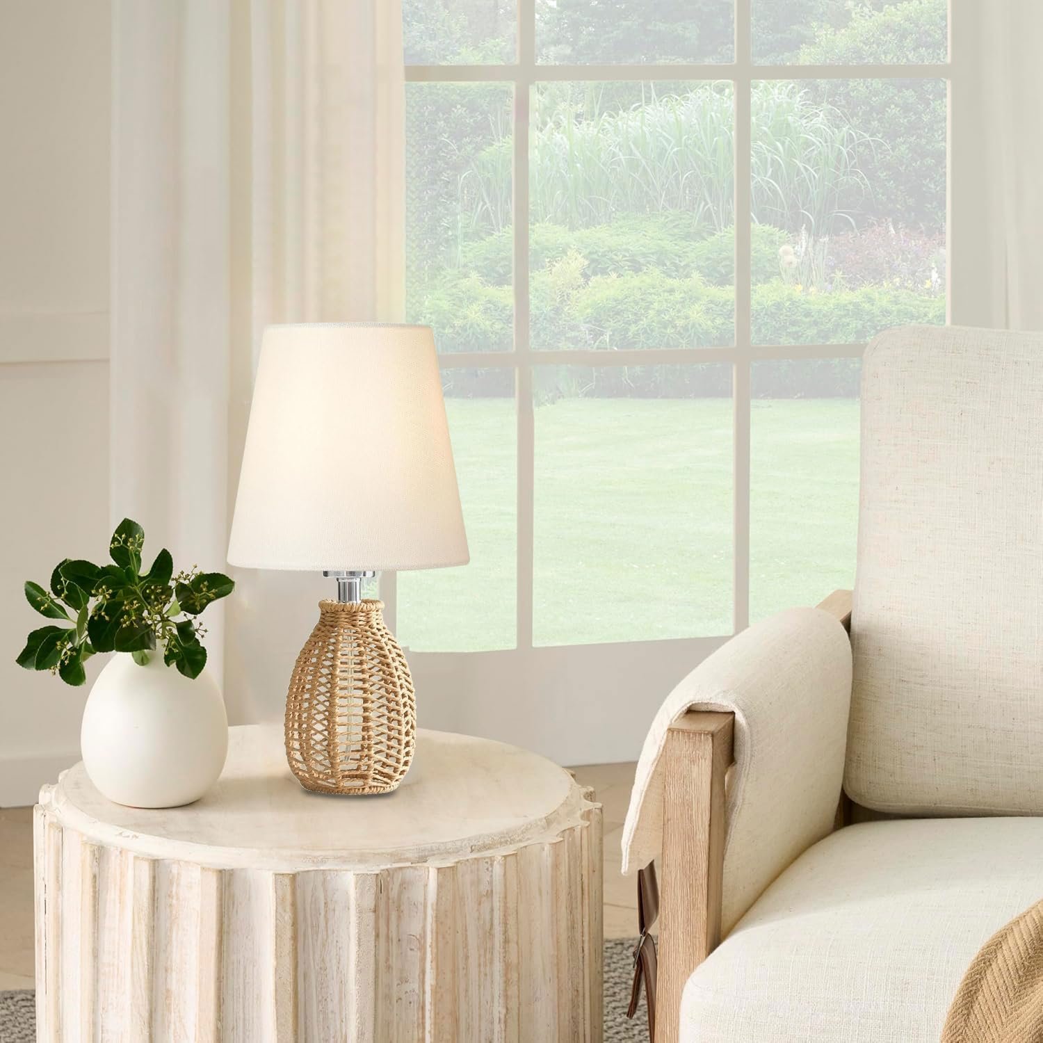 Настільна лампа White вінтажна, ротанг, тканинний абажур, Boho, Japandi, E27., фото №4