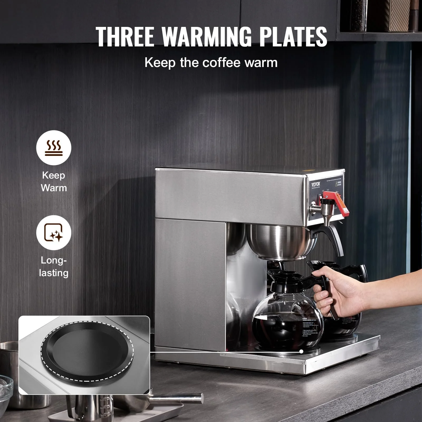 Фильтр-кофеварка VEVOR 12 чашек 3 стеклянных графина 3 плиты для подогрева Нержавеющая сталь, фото №3