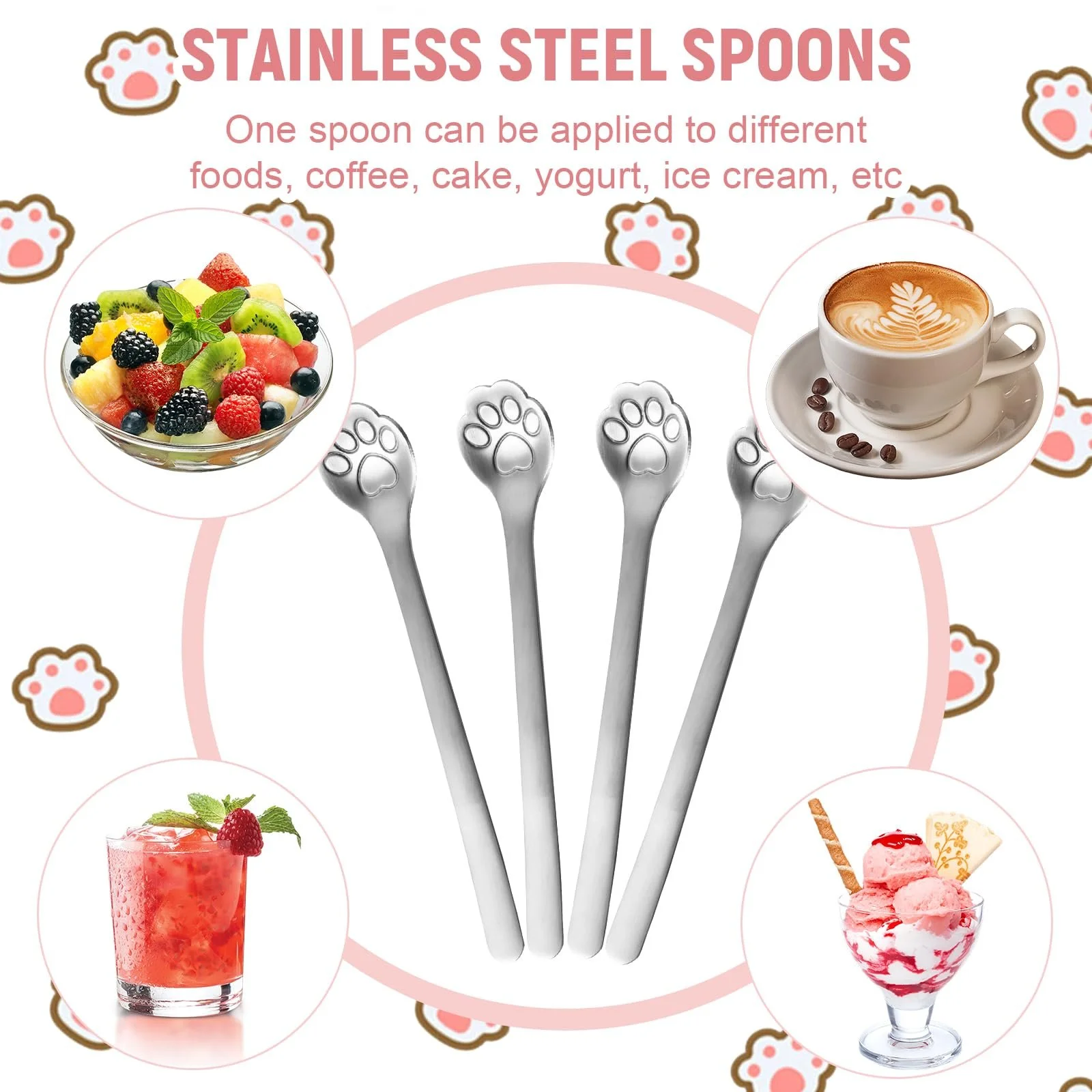 Набір з 4 ложок для морозива Cat Paw Spoon, мультяшна чайна, фото №4