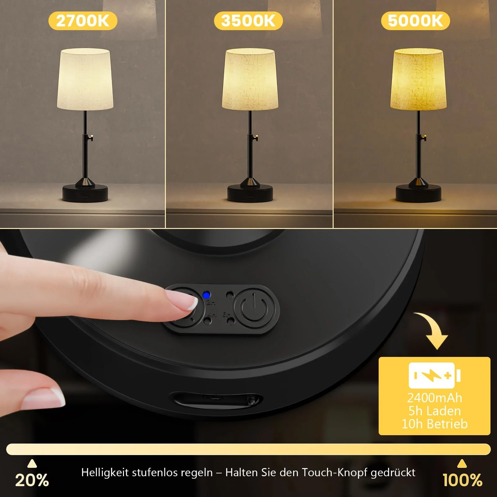 Настольная лампа Набор из 2 шт. Безпроводная Сенсорная Диммируемая Регулируемая по высоте На батарейках, фото №7