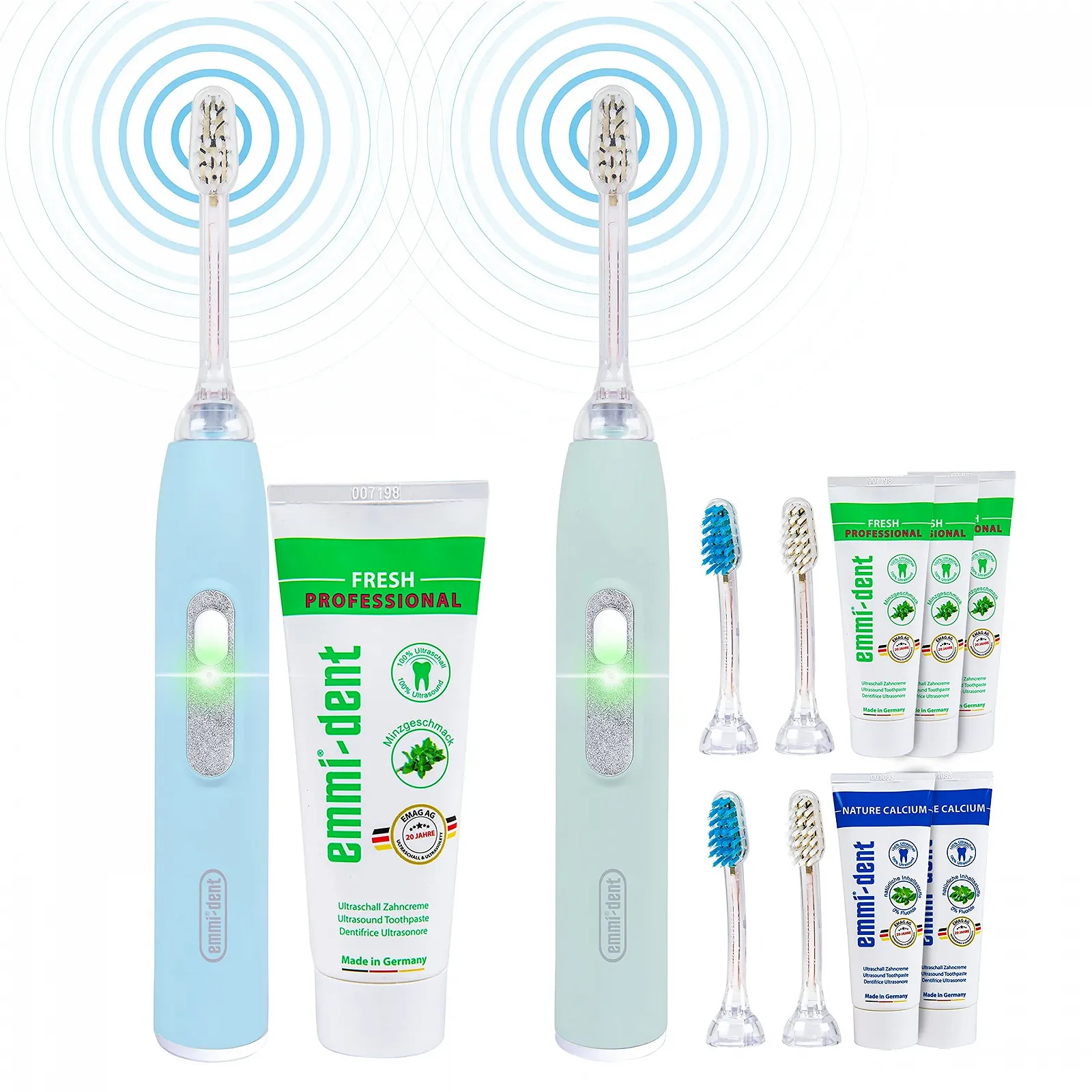 Электрическая ультразвуковая зубная щетка emmi-dent Metallic Family Set 96 млн вибраций Пастельно-голубой и пастельно-зеленый, фото №1