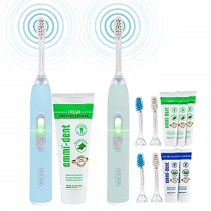 Електрична ультразвукова зубна щітка emmi-dent Metallic Family Set 96 млн вібрацій Пастельно-блакитний та пастельно-зелений - Фото 1