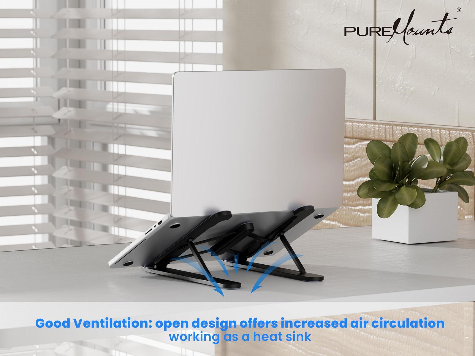 Подставка для ноутбука PureMounts, регулируемая по высоте, складная и эргономичная подставка для ноутбука для домашнего офиса, 6 регулируемых углов обзора, подставка для ноутбука с вентиляцией и нескользящими накладками, черная, фото №4