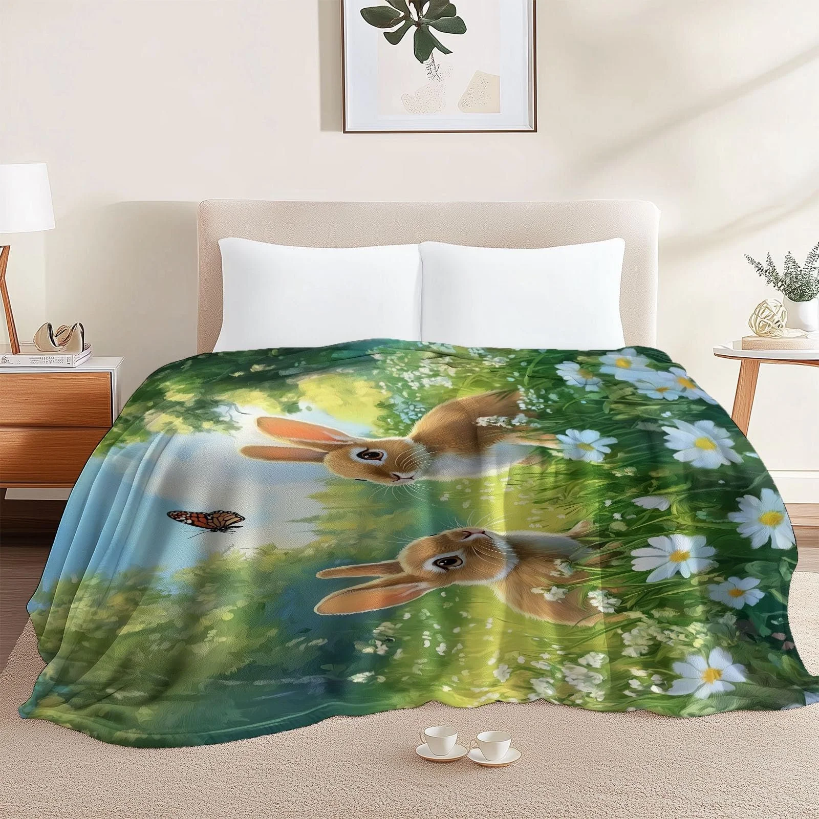 Фланелевое одеяло Зеленый Мягкое, Cartoon-Gras Kaninchen Живопись, фото №5