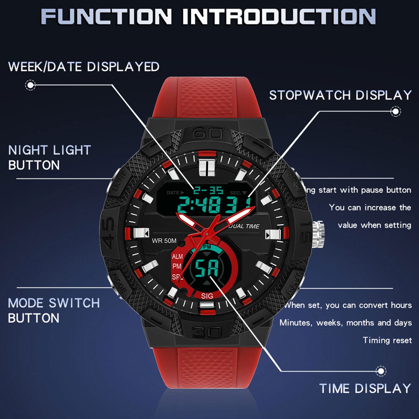 Годинник findtime Цифровий Аналоговий Чоловічий 5ATM Світлодіодне підсвічування 12/24H Будильник Хронометр, фото №6