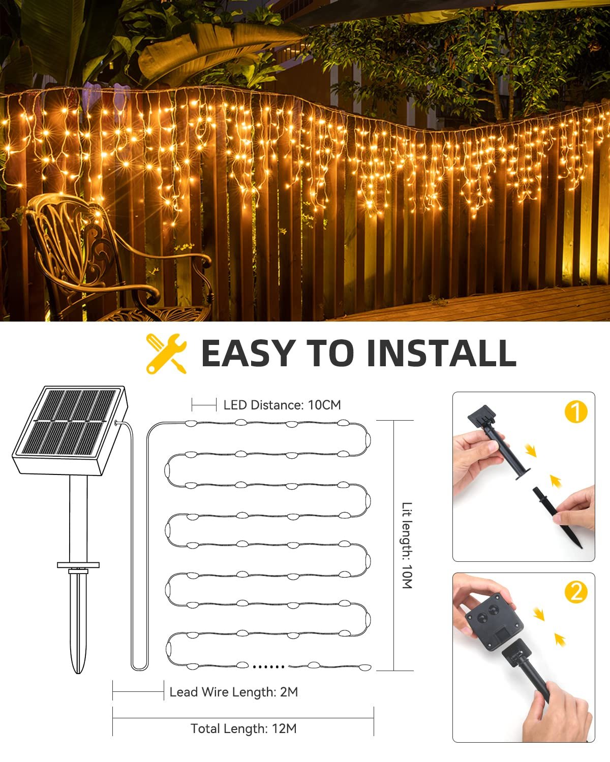 Гірлянда LEDYA вулична, сонячна, 12 м, 100 LED, мідний дріт, тепла, фото №7