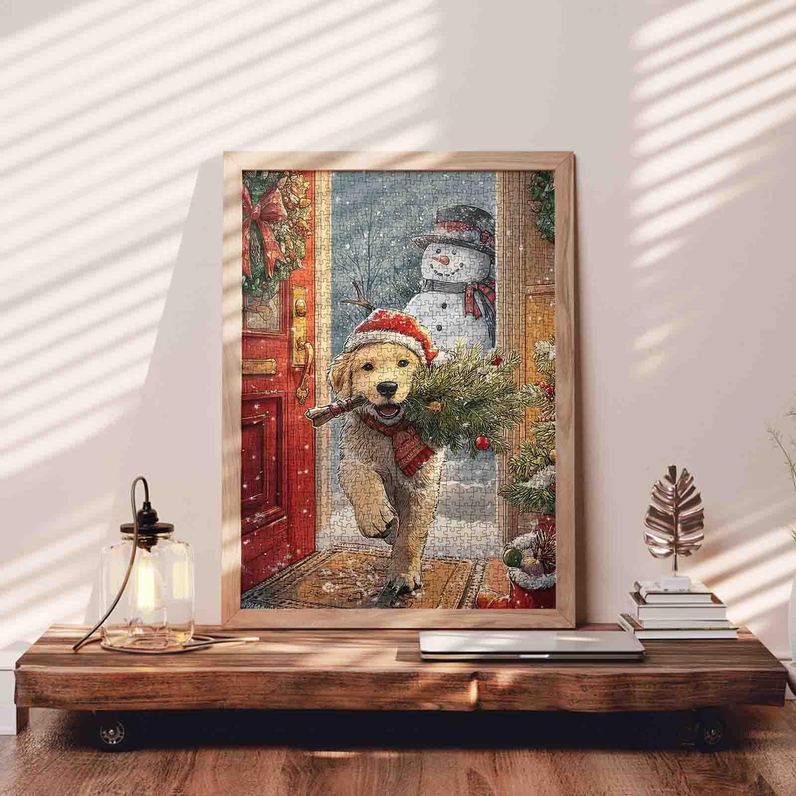 Пазл Dog with Christmas Hat Cute Snowman Winter Scene 1000 деталей 50 x 70 см, фото №2