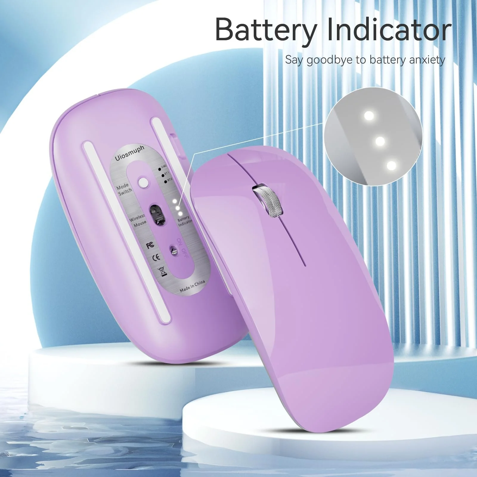 Миша Uiosmuph Бездротова Bluetooth з USB Nano Приймачем Tri-Mode (Dual Bluetooth 5.1 + 2.4GHz) Тиха Акумуляторна для Ноутбука, ПК, iPad, Mac Фіолетова, фото №2