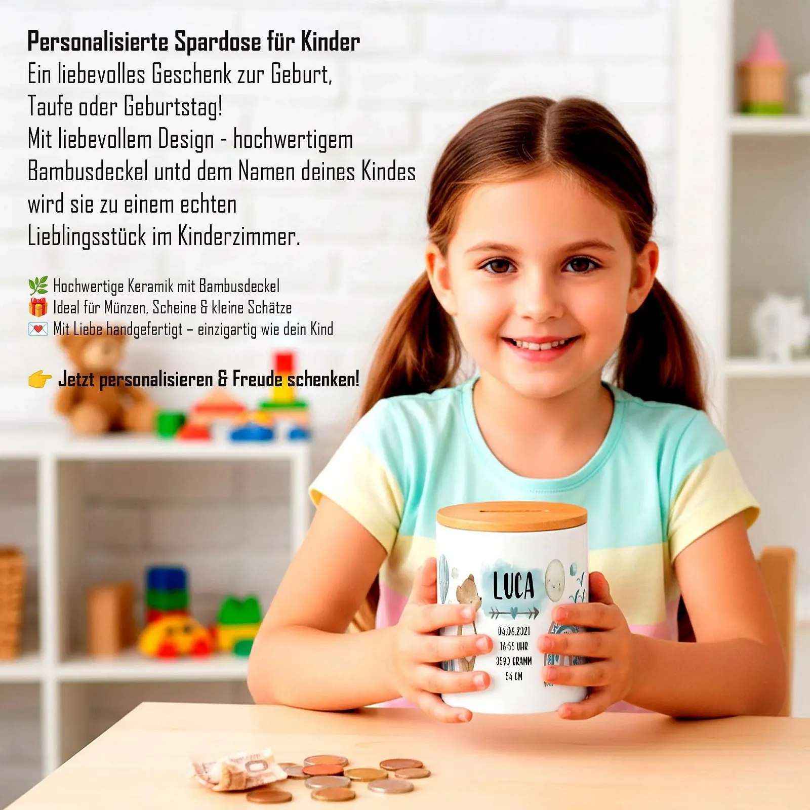 Скарбничка дитяча Ведмедик Дані про народження Персоналізована для хлопчиків, фото №4