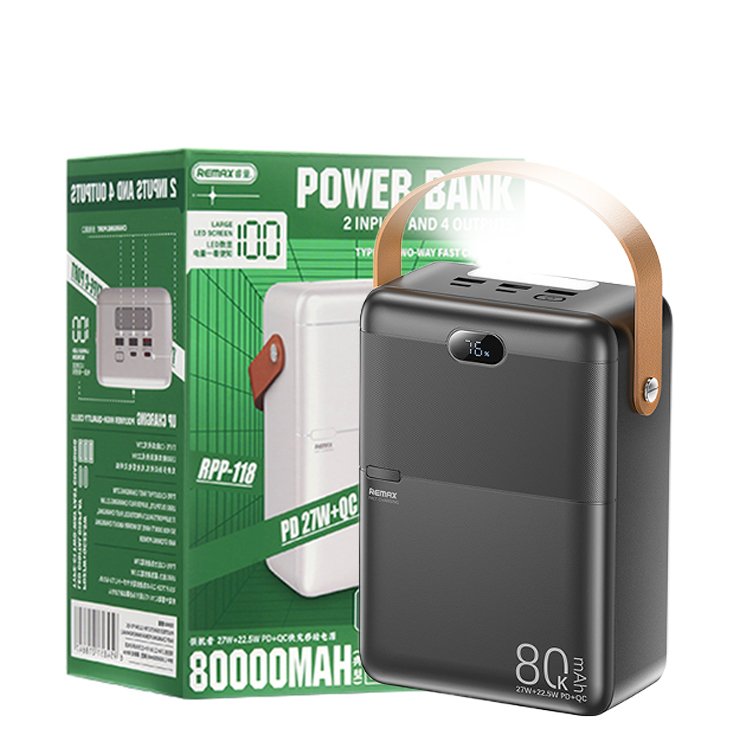 Павербанк Remax RPP-118 Piloteer Series / 80000 мАг / до 27 Вт / USB-C + USB-A / PD+QC / Чорний, фото №7 Павербанк Remax RPP-118 Piloteer Series / 80000 мАг / до 27 Вт / USB-C + USB-A / PD+QC / Чорний, фото №7