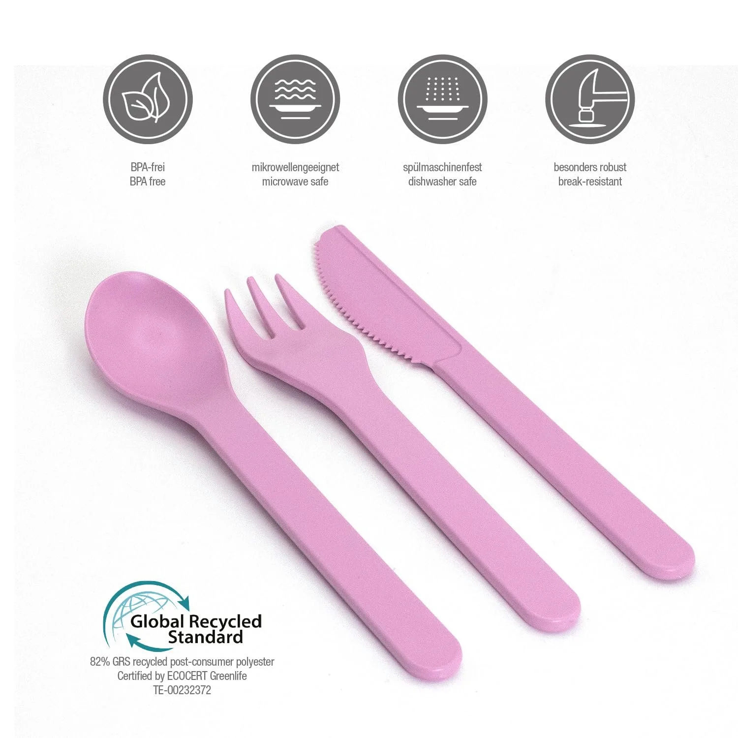 Набір пластикових столових приборів, 54 штуки (18 ножів, виделок, ложок), міцний, рожевий, з переробленого пластику RPET, фото №4