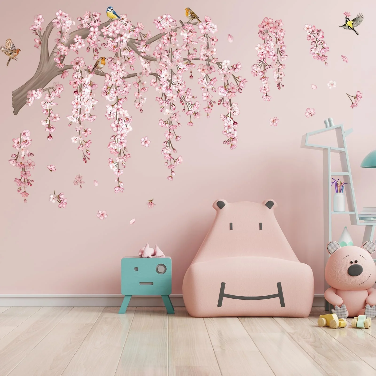 Наклейка на стіну Гілка квітучої сакури з птахами для дитячої спальні вітальні 30х90 см, фото №5