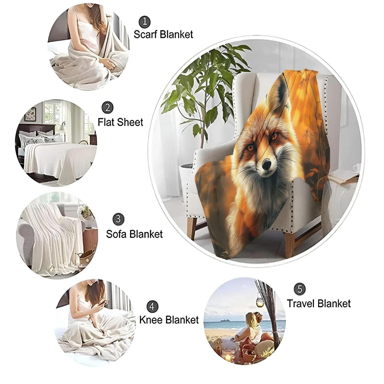 Одеяло Флисовое Мягкое Теплое С Мотивом Лисы, Лесных Листьев 180 x 220 см Коричневое, фото №7