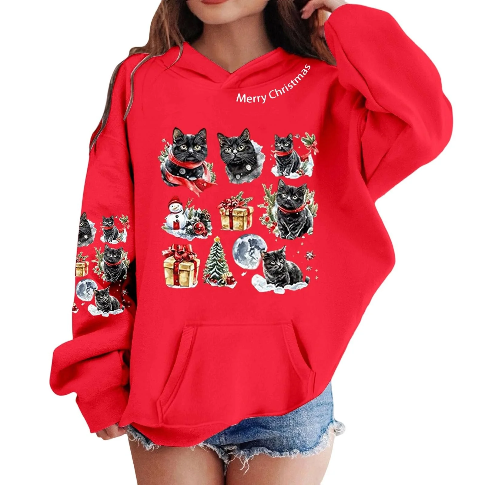 Толстовка з капюшоном для дівчат з принтом, довгий рукав, вільний крій, м'який фліс, фото №1