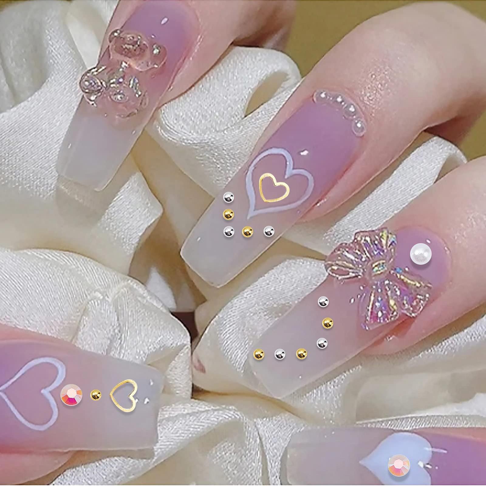 Стразы для ногтей NICENEEDED Круглые стеклянные бусины с плоской задней стенкой для украшения ногтей, металлические стразы разных форм с коробкой, 2 коробки, фото №5