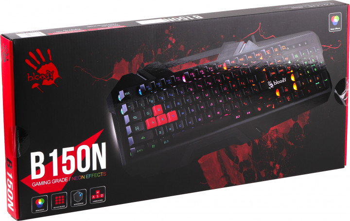 Клавиатура A4Tech Bloody B150N, USB Black игровая, неоновая подсветка, эффекты "волна" и "дыхание", фото №4