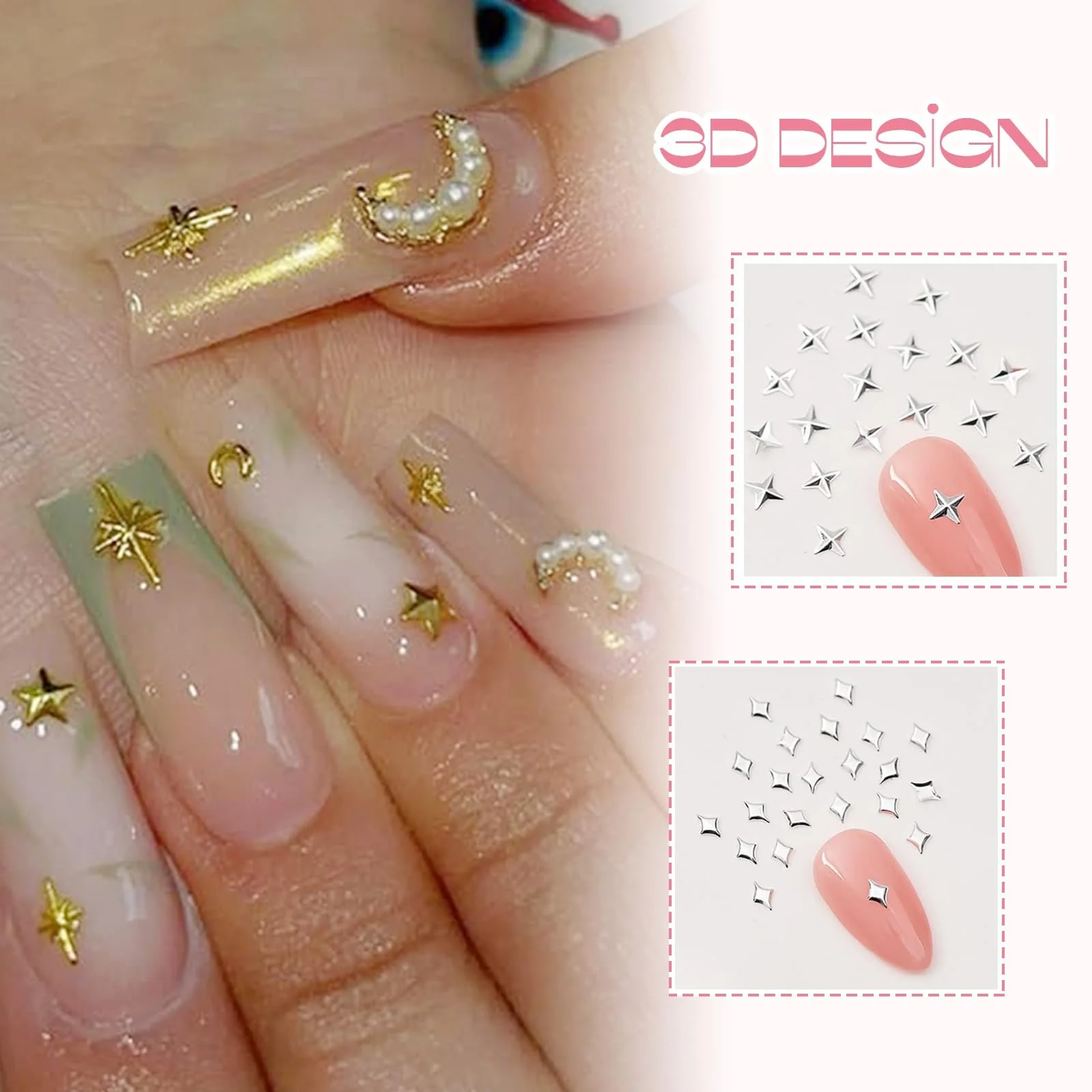 Украшения для ногтей звёздочки Lilbitty, 400 шт., 3D, золото и серебро, фото №6