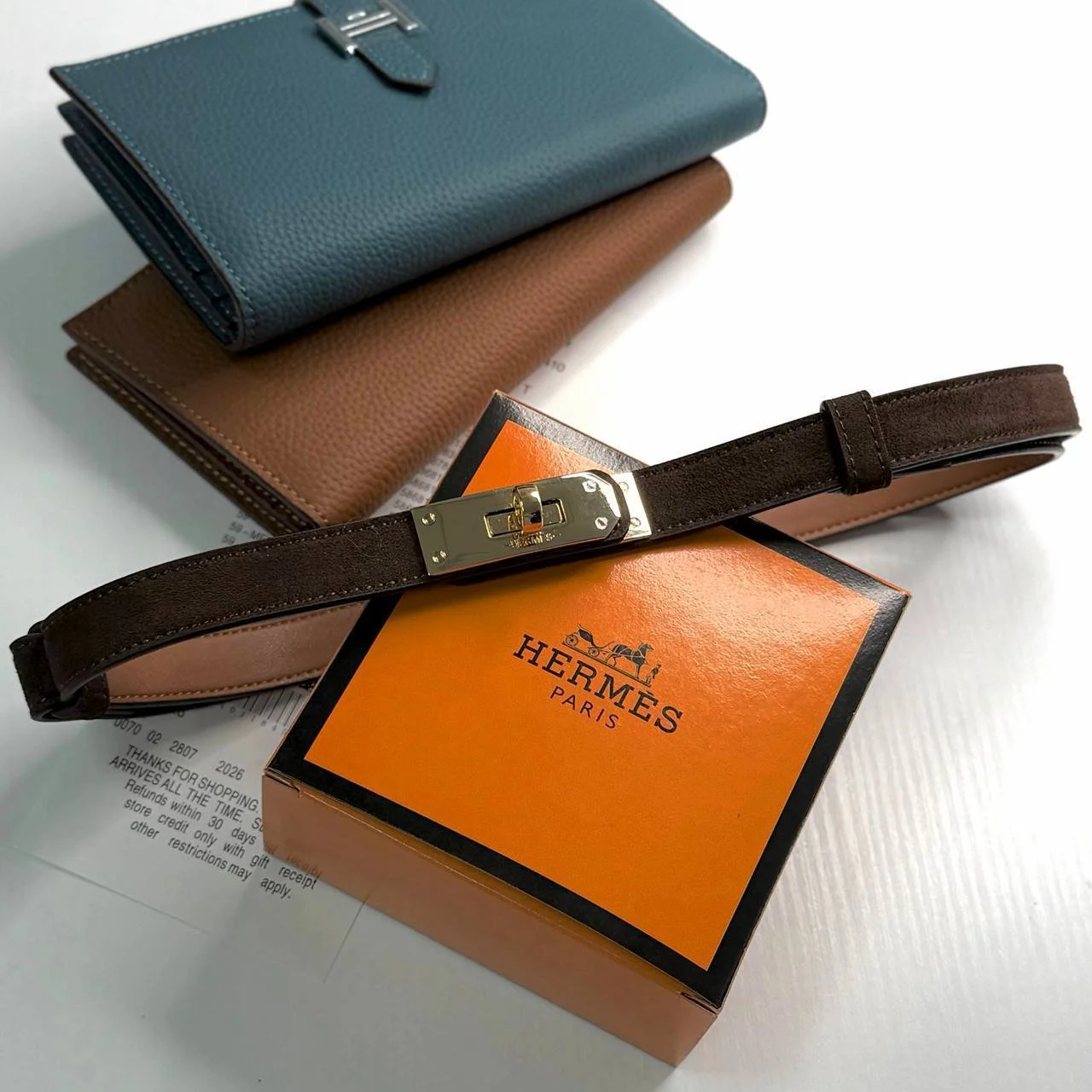 Ремень женский тонкий замшевый коричневый пояс Hermes Kelly, фото №6