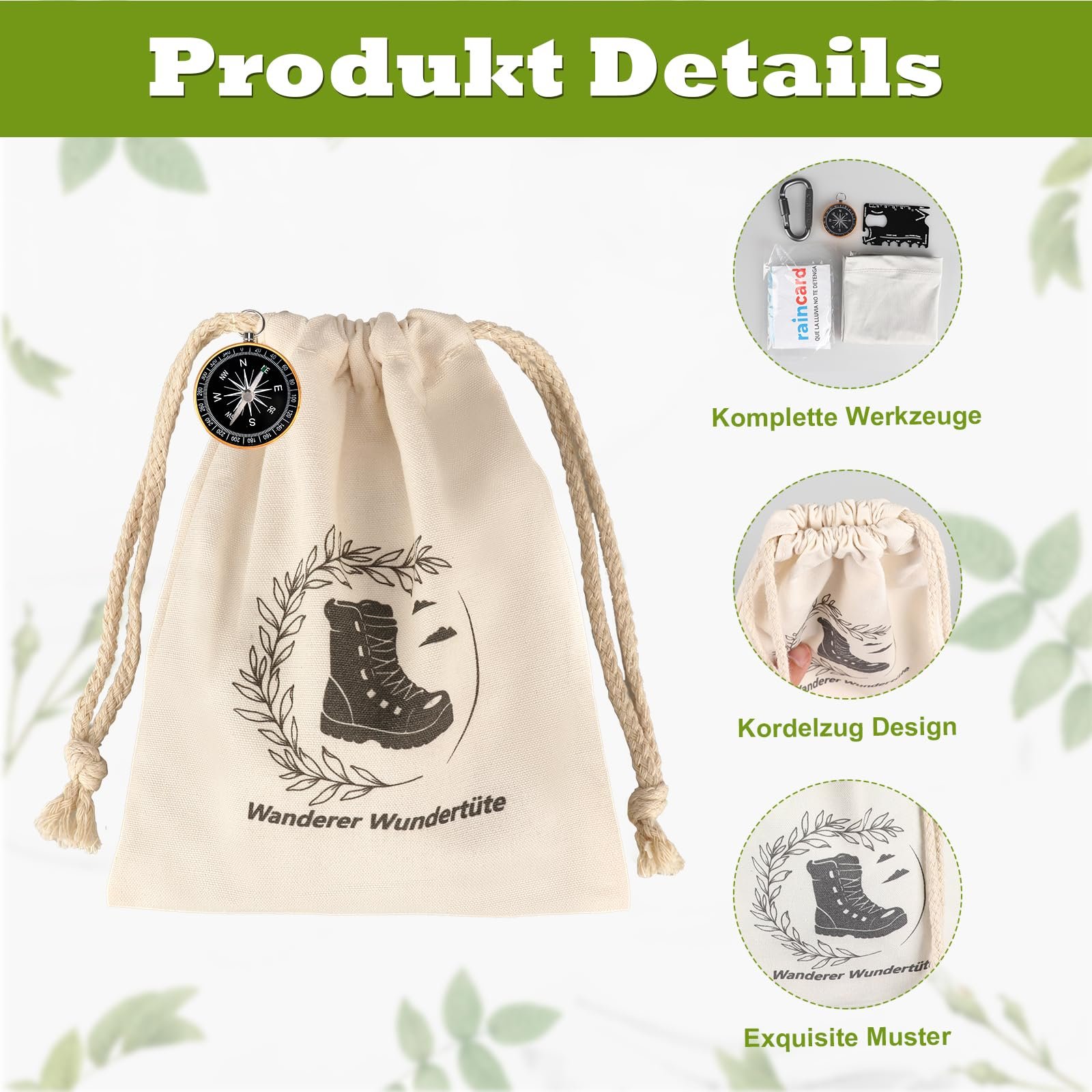 Набір для виживання Wanderer Wonder Bag, мультитул, туба для карт, шарф, шийна хустка, кишеньковий компас, альпіністський карабін, одноразовий дощовик, фото №3