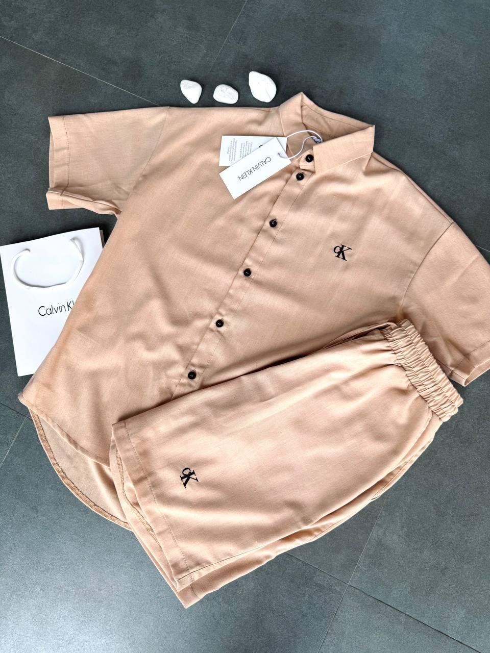 Чоловічий комплект на літо з льону Calvin Klein бежевий, фото №5