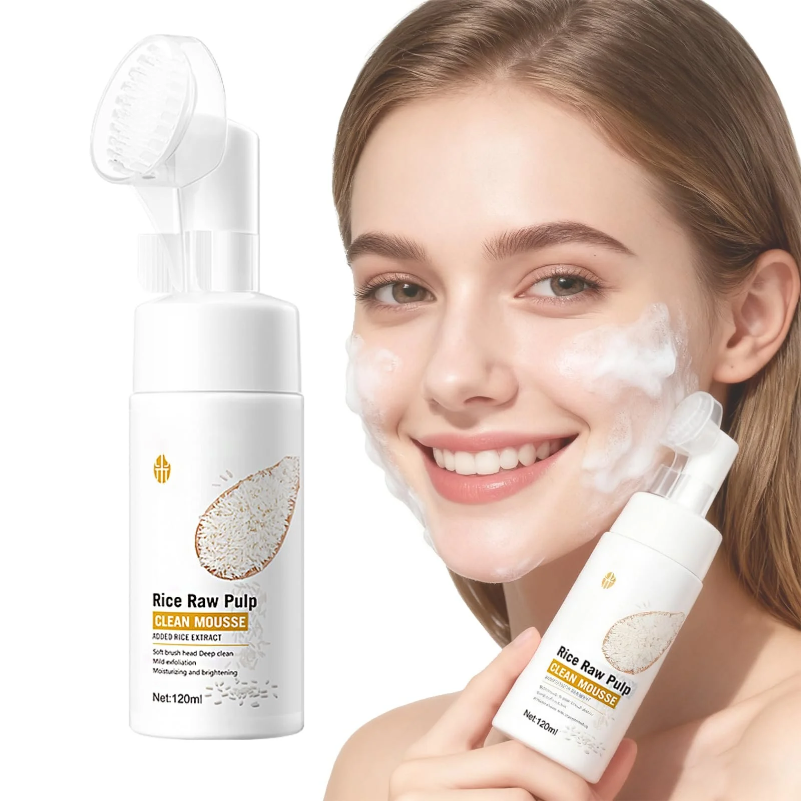 Очищувальна пінка для обличчя Рисова 120 мл з масажною щіточкою з силікону, фото №1