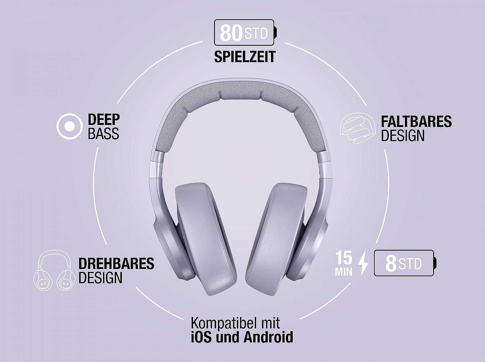Беспроводные наушники Fresh 'n Rebel Clam 2 Over-Ear Bluetooth 80 часов воспроизведения с микрофоном складные режим окружающего звука быстрая зарядка аудиовход веганская кожа (Dreamy Lilac), фото №5