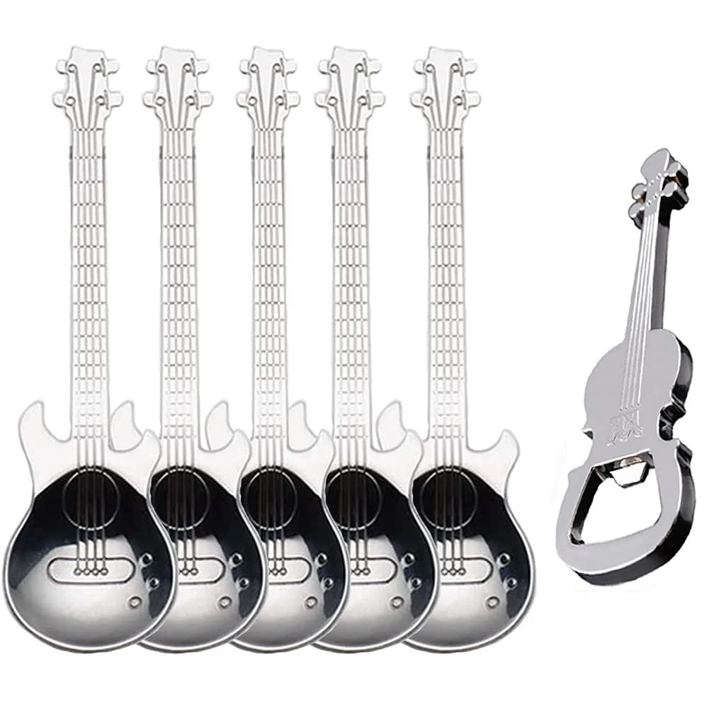 Ложка Кофейная ложка гитара Гитарные Музыкальные подарки Серебристый (6 шт с открывашкой), фото №1