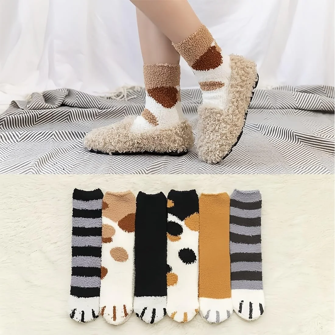 Носки Кошачьи Лапки 6 пар, Зимние Пушистые Носки для Девочек, Милый Подарок, Рождественские Носки, Подарок на День рождения, фото №5