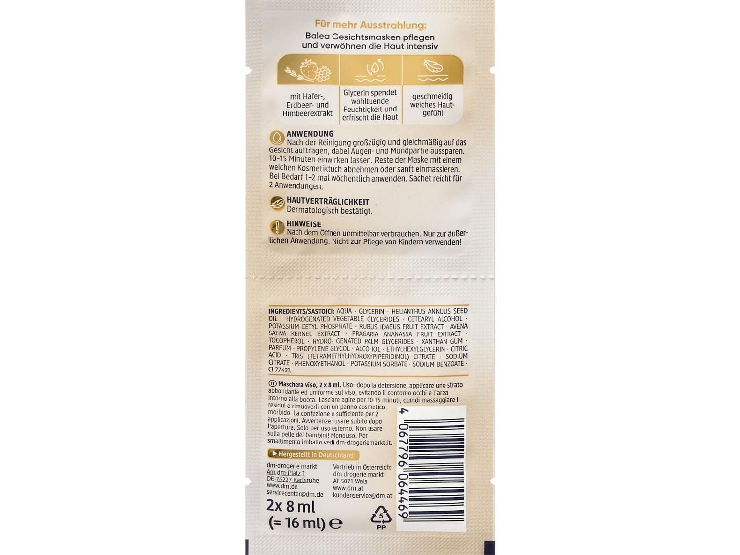 Набір масок Balea з 16 масок, набір зразків 8 різних масок для обличчя, гіалурон, вітамін C, фото №5