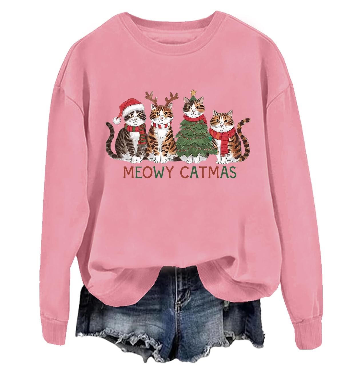 Рождественский свитшот Meowy Рождественский свитер Meowy Рождественская футболка Милые рождественские коты Графический свитшот с круглым вырезом, фото №2