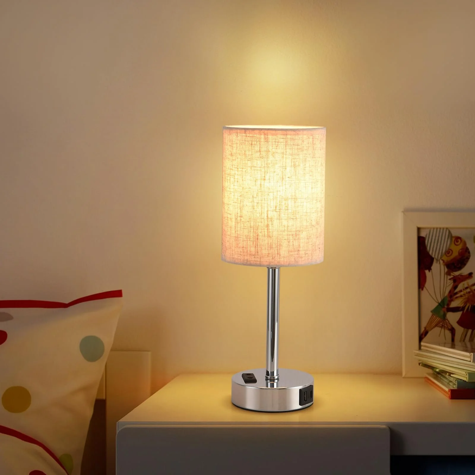 Настільна лампа LED Сенсорна Димування USB A+C Лляний абажур Бежева, фото №6