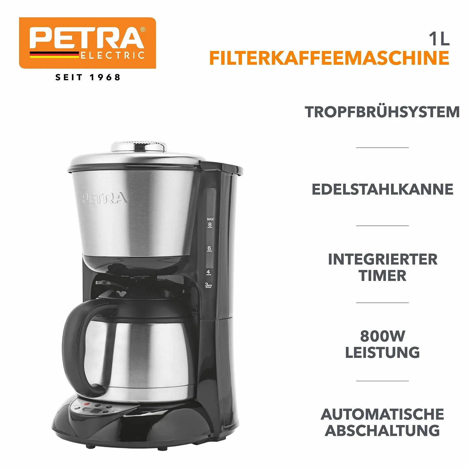 Фильтр-кофеварка Petra PT6162VDE 1 л с кувшином из нержавеющей стали цифровая 800 Вт, фото №2