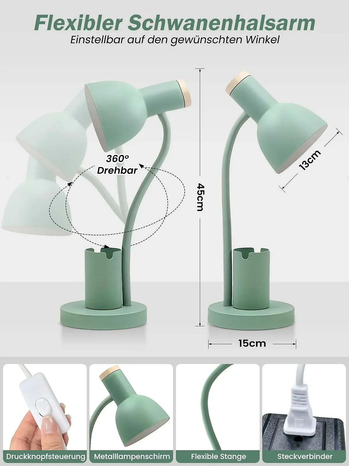 Настільна лампа LED З тримачем для ручок 3 режими кольору Металева Зелена, фото №6