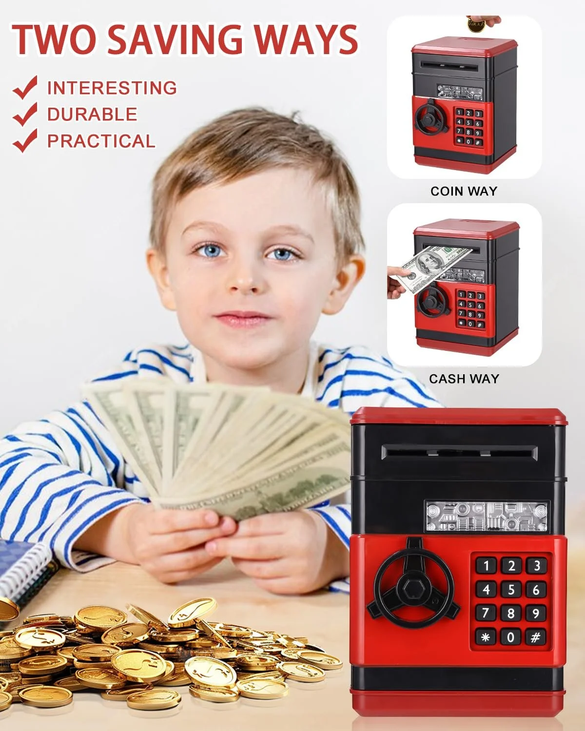 Скарбничка-сейф електронна з паролем автоматична з наклейками Червоний Чорний, фото №5