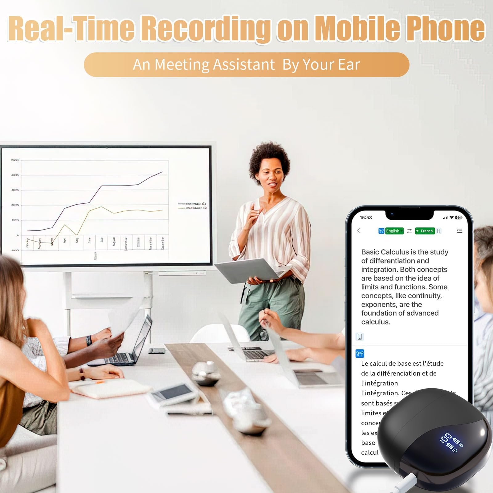 Навушники для перекладу голосу в реальному часі AI Live Translator, підтримка 74 мов з AI асистентом для подорожей, навчання, бізнес-школи Чорний, фото №3