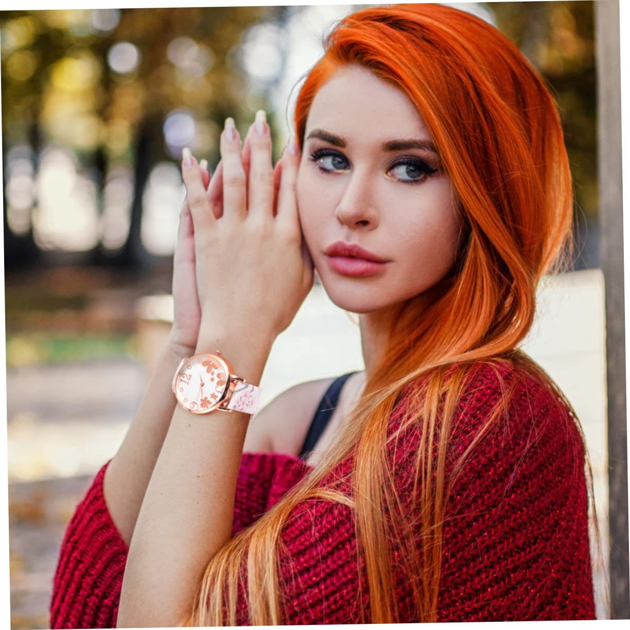 Жіночий наручний годинник PartyKindom з візерунком сливового цвіту, кварцовий годинник з ремінцем і пряжкою, фото №4