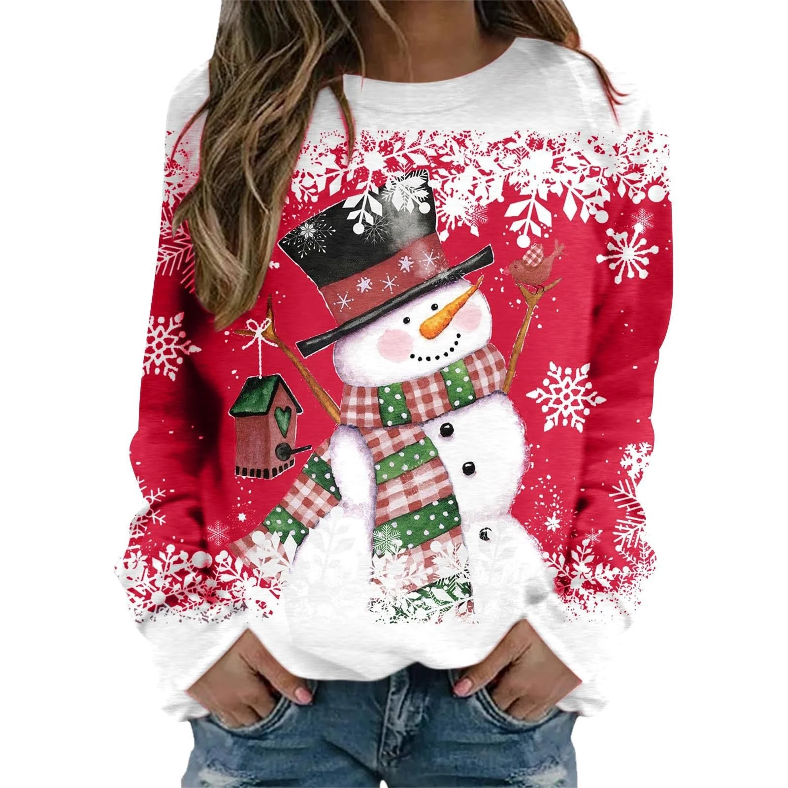Рождественский Свитер Женский Рождественский Свитшот Снежинка Графика Длинный Рукав Рождественский Верх Круглый Вырез Рождественская Рубашка с Длинным Рукавом Женщины Девушки, фото №1