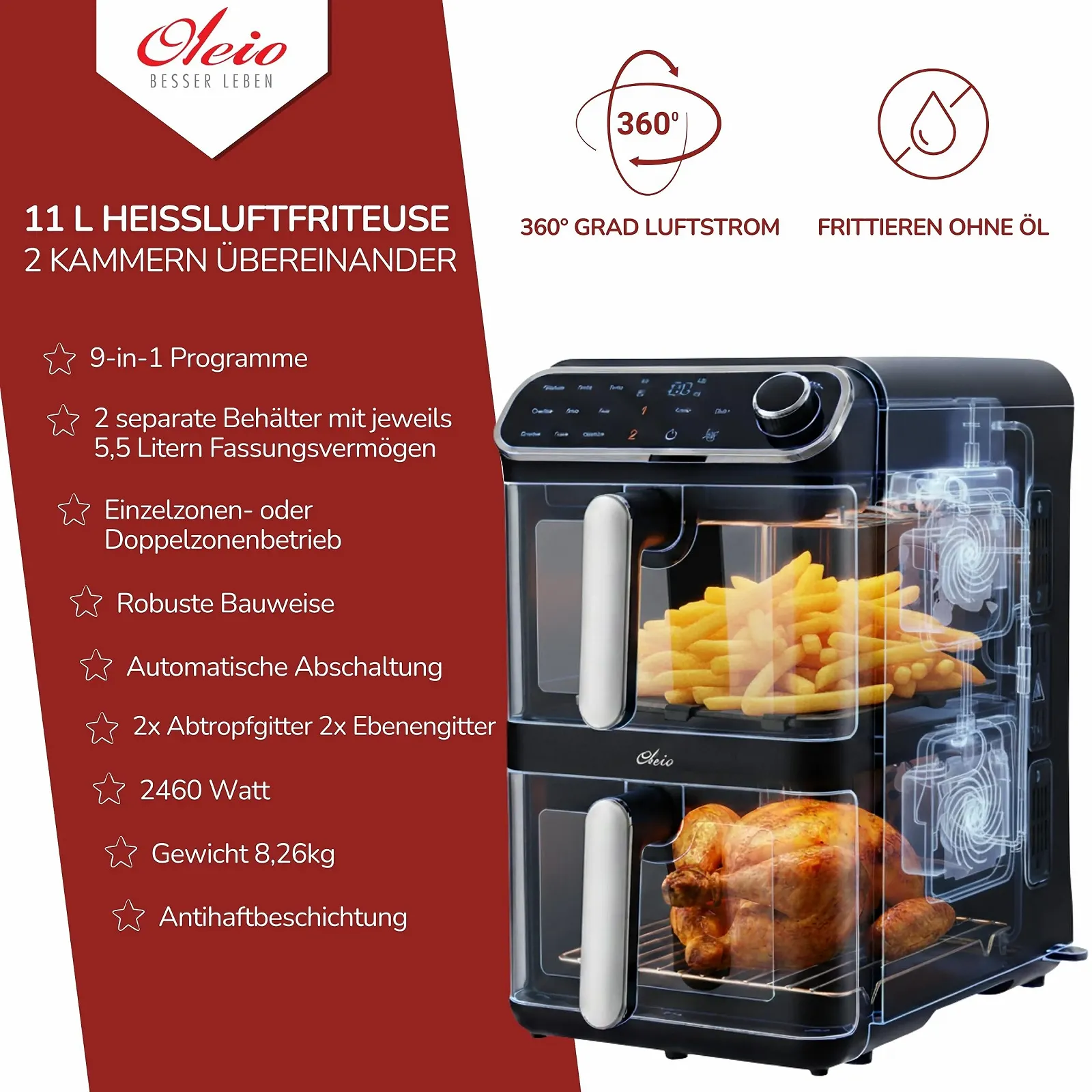 Мультипіч Oleio Maestro Airfryer Double Chamber XXL 11 л 2460 Вт 2 камери Чорний, фото №3 Мультипіч Oleio Maestro Airfryer Double Chamber XXL 11 л 2460 Вт 2 камери Чорний, фото №3