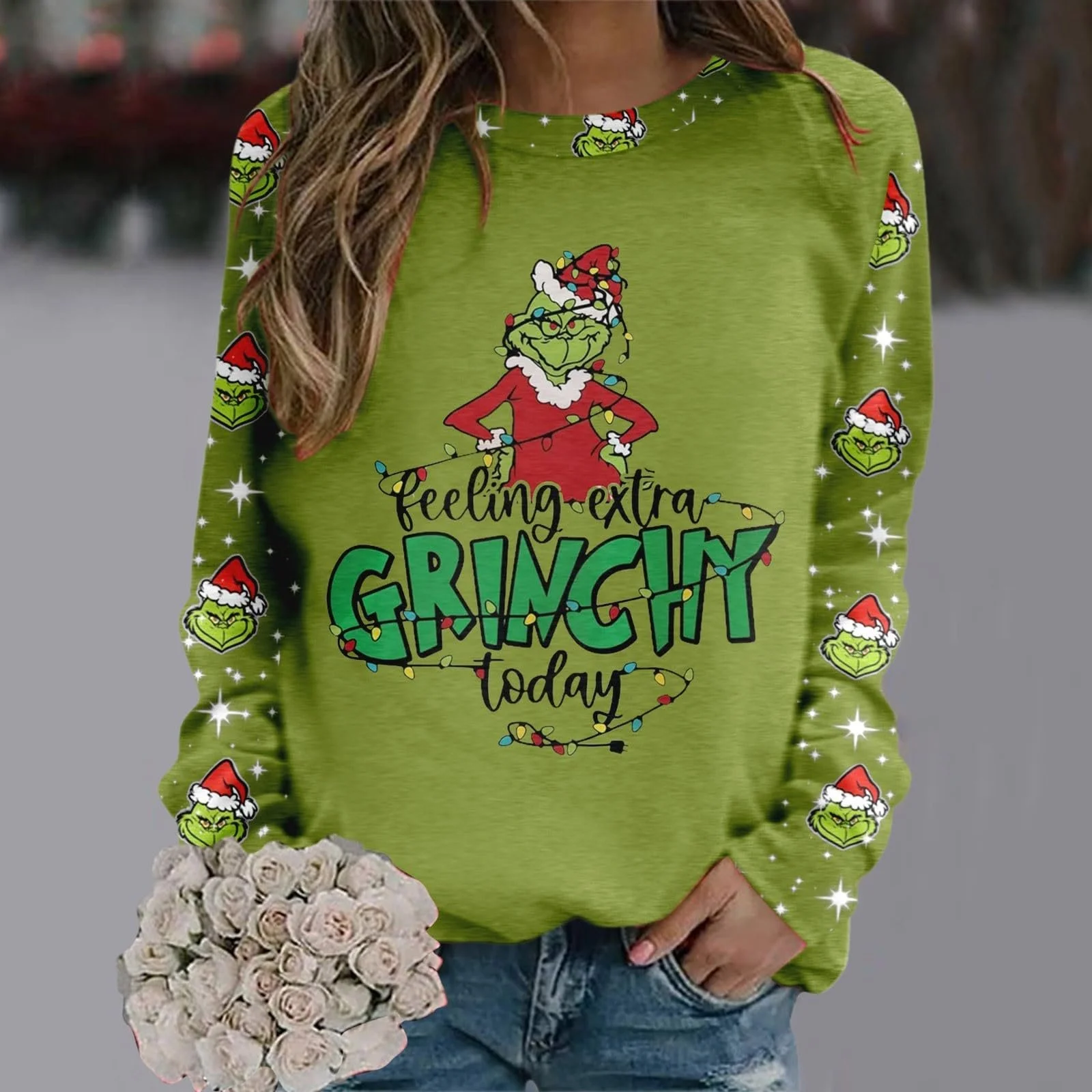 Рождественский джемпер BHXUTK Женская кофта Рождественская уродливая рождественская футболка для женщин Круглый вырез Длинный рукав Футболки Повседневная смешная снежинка с принтом Свободные свитшоты, фото №2