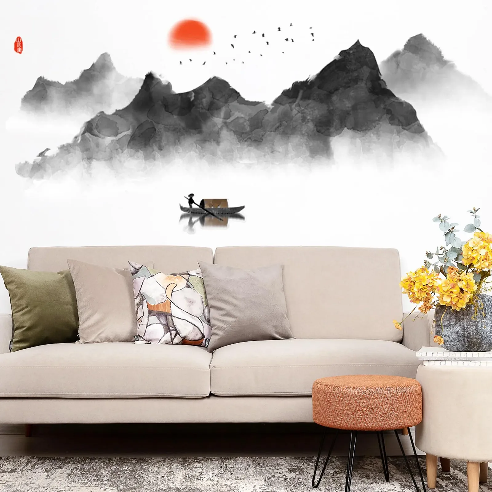 Наклейка на стену duoyif Mountains Silhouette Rivers Birds Moon Fishing Boat 144 x 72 см Черный, фото №5