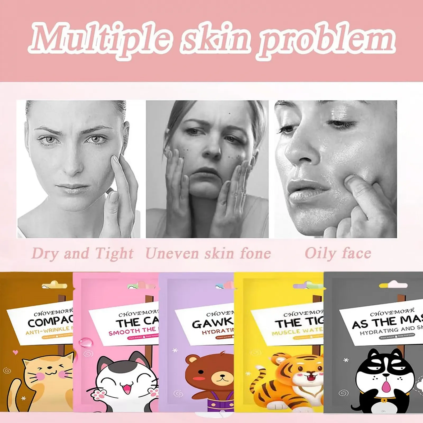 Тканинна Маска для Обличчя Набір Масок для Обличчя для Дівчат-Підлітків З Тваринами Набір з 5 штук, фото №5