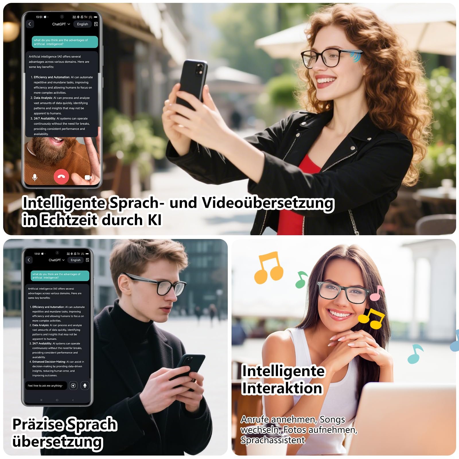 Умные очки Bluetooth с AI переводом, фильтром синего света, голосовым управлением, HiFi аудио, 163 языка, фото №2