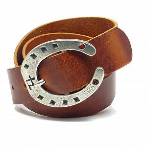 Кожаный ремень Kollektion Chrissys-in с пряжкой в виде подковы, коньячно-коричневый, шириной 4 см, из коровьей кожи собственного производства synthetic.ua - Фото 1