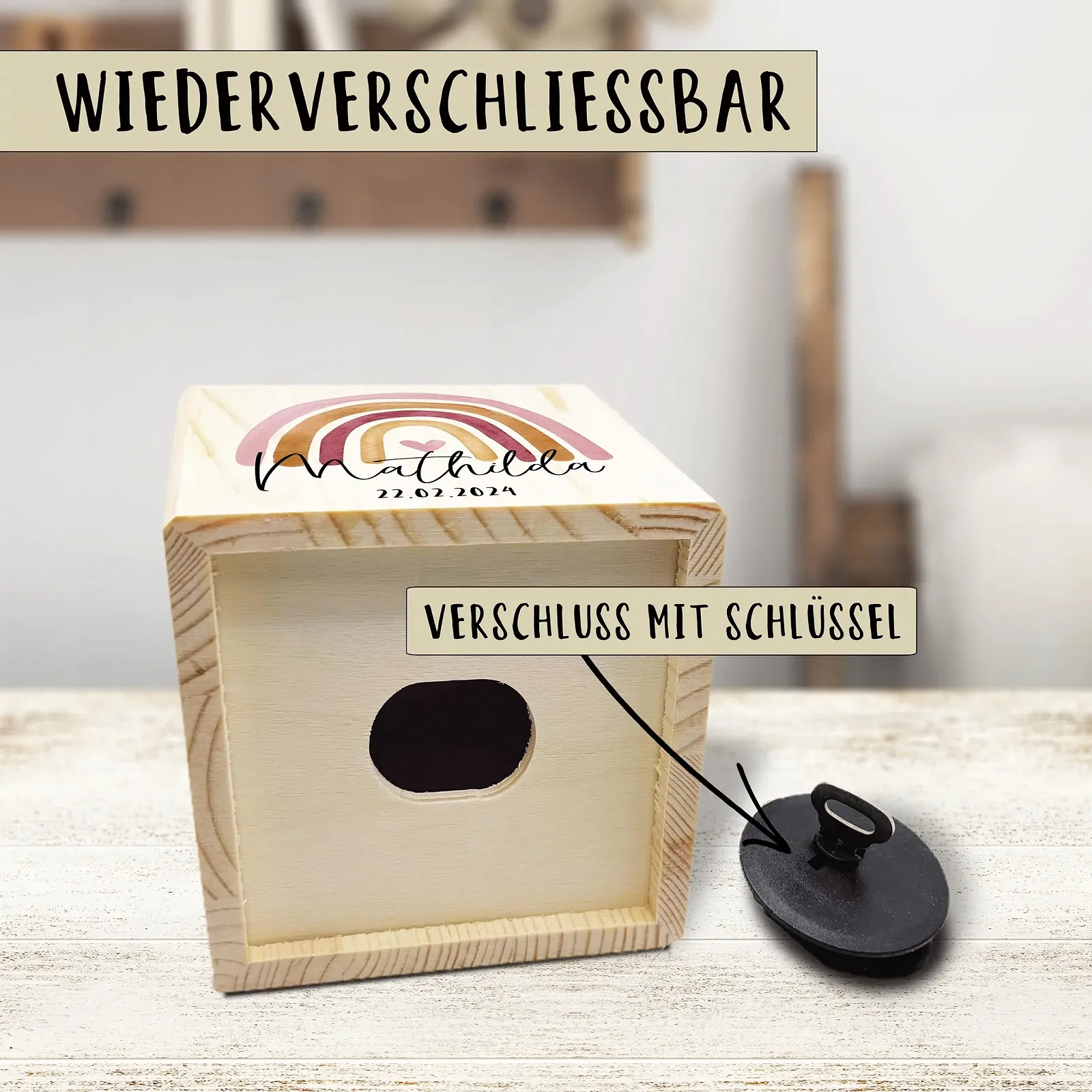 Скарбничка Rainbow дерев'яна іменна із замком, фото №5