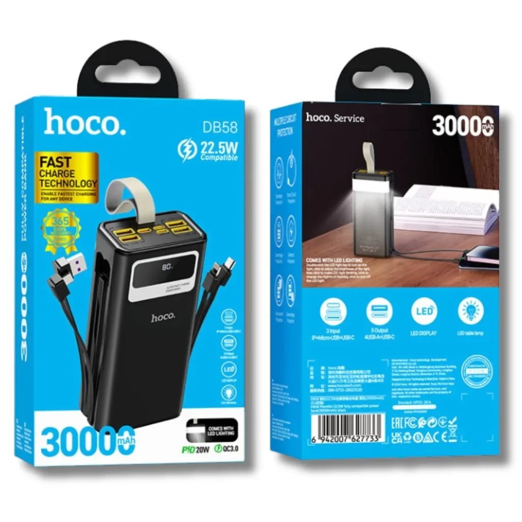 Батарея универсальная HOCO 30000mAh Plentiful 22.5W, built-in cables, LED, Black (DB58 / 715030), фото №6 Батарея универсальная HOCO 30000mAh Plentiful 22.5W, built-in cables, LED, Black (DB58 / 715030), фото №6