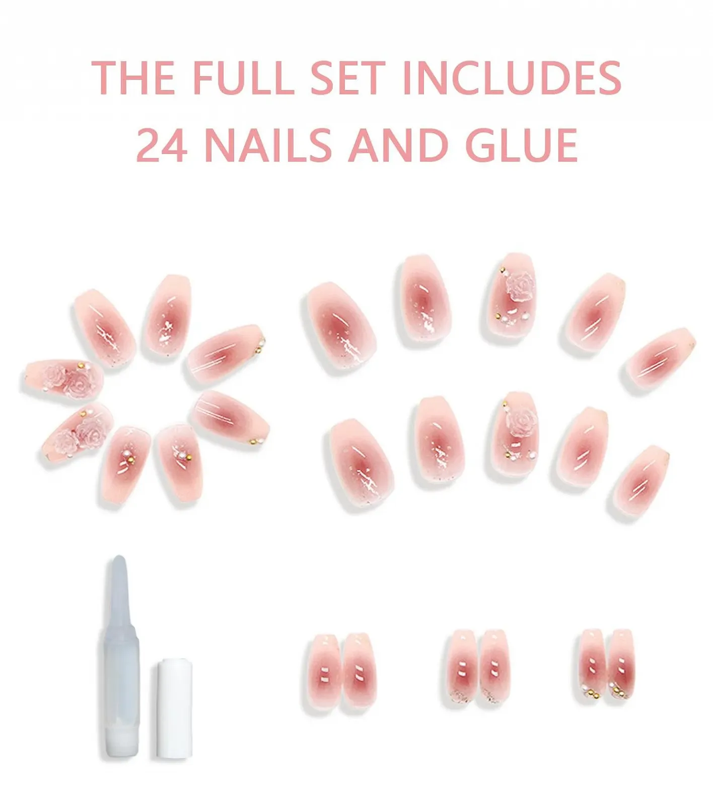 Накладные ногти TAKONE Press On Nails 24 шт., 3D цветы камелии, средние квадратные, французский дизайн, самоклеящиеся, фото №2 Накладные ногти TAKONE Press On Nails 24 шт., 3D цветы камелии, средние квадратные, французский дизайн, самоклеящиеся, фото №2