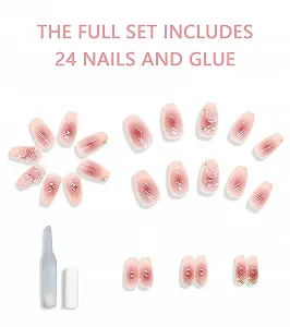 Накладные ногти TAKONE Press On Nails 24 шт., 3D цветы камелии, средние квадратные, французский дизайн, самоклеящиеся synthetic.ua - Фото 1
