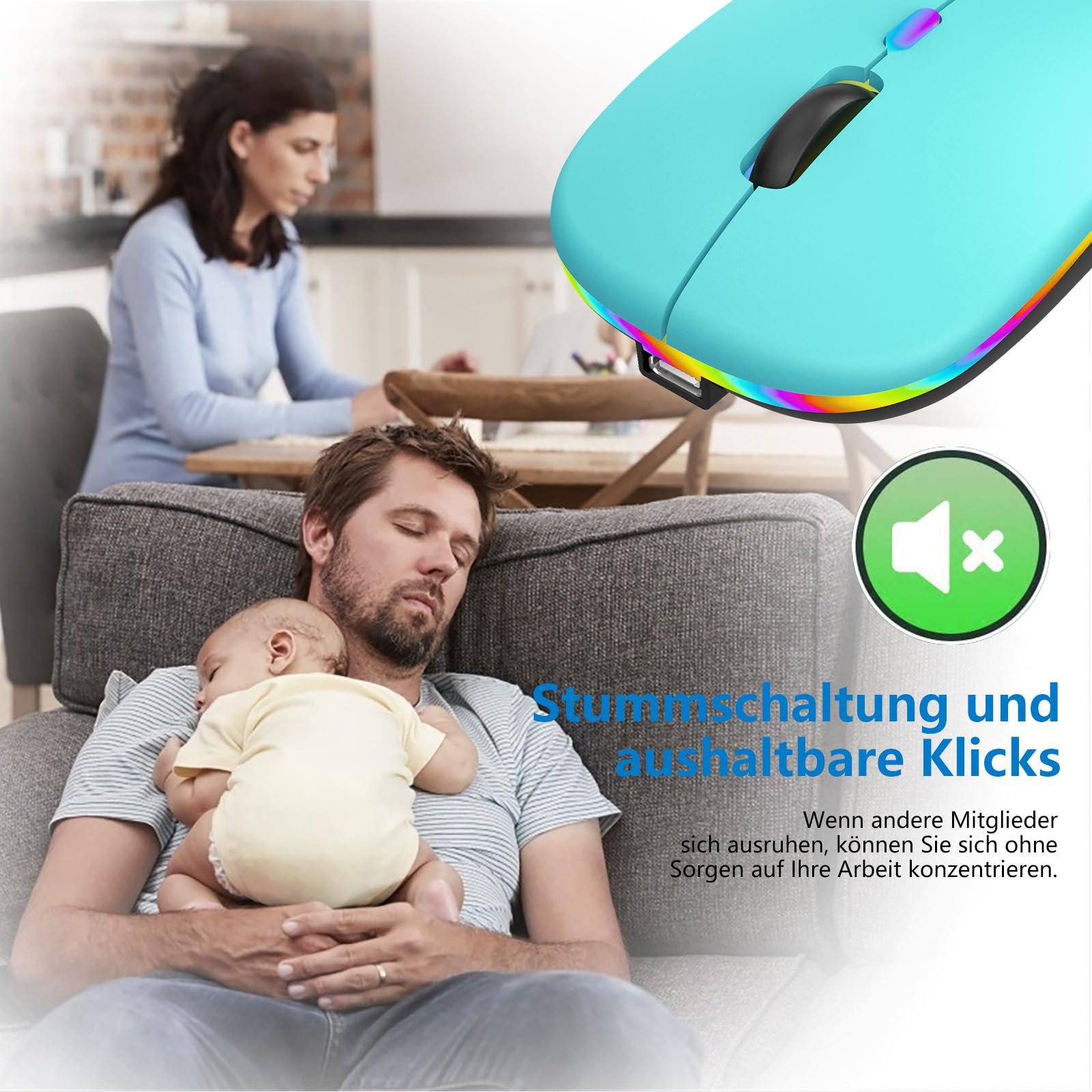 Мышь Беспроводная USB 2.4 GHz Bluetooth 1600 DPI Оптическое Отслеживание Лазурное Озеро, фото №3