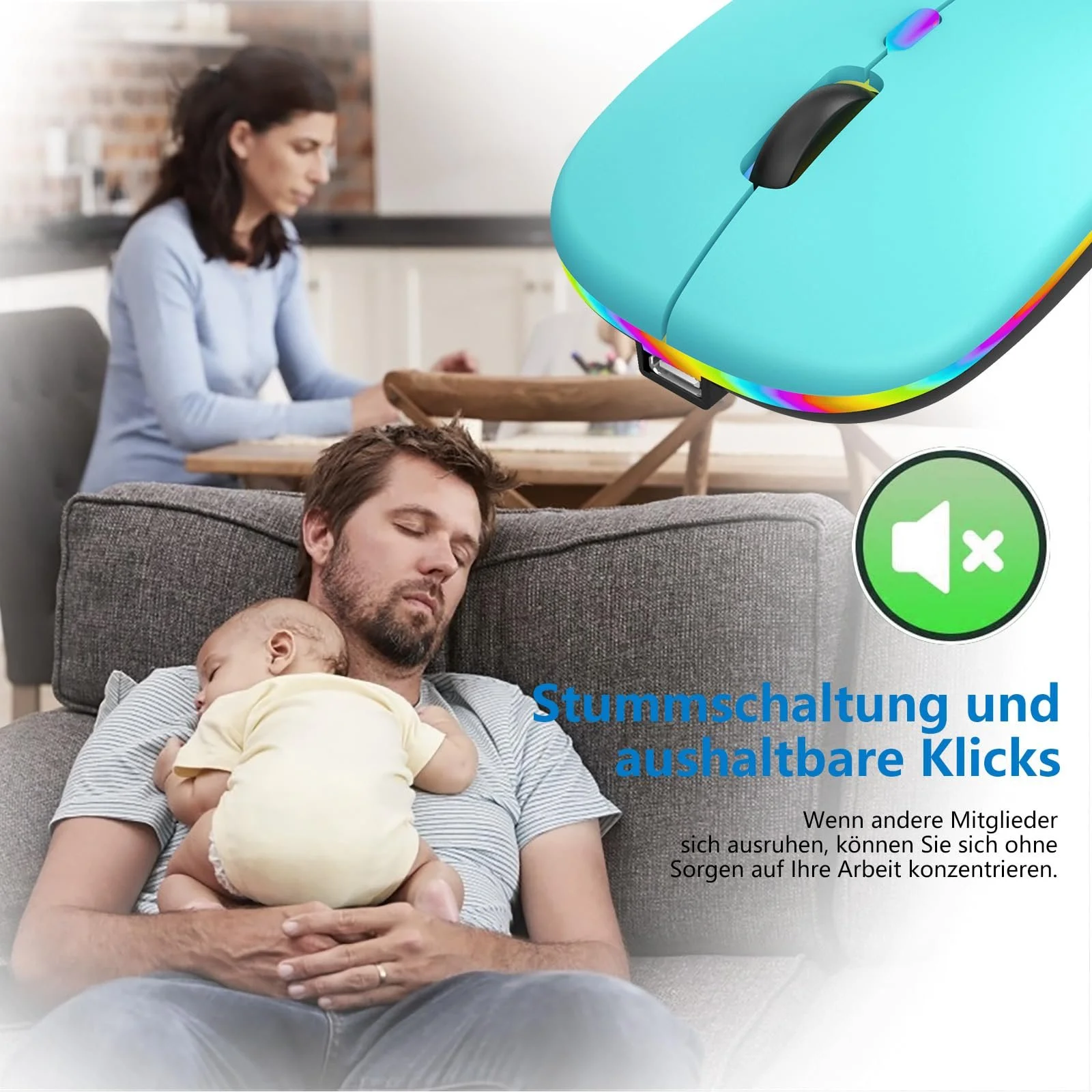 Мышь Беспроводная USB 2.4 GHz Bluetooth 1600 DPI Оптическое Отслеживание Лазурное Озеро, фото №3