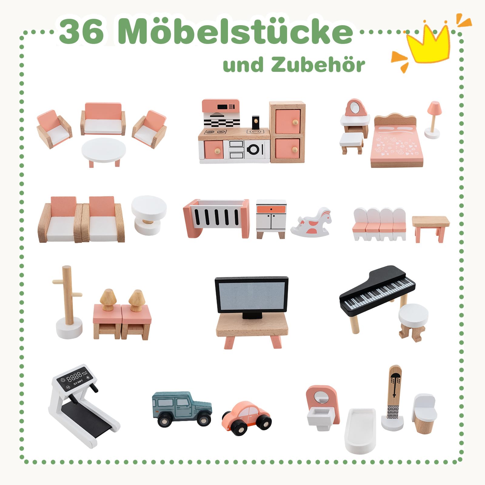 Дерев'яний будиночок для ляльок DREAMADE 3 рівні, 7 кімнат, 36/42 меблі Зелений, фото №4